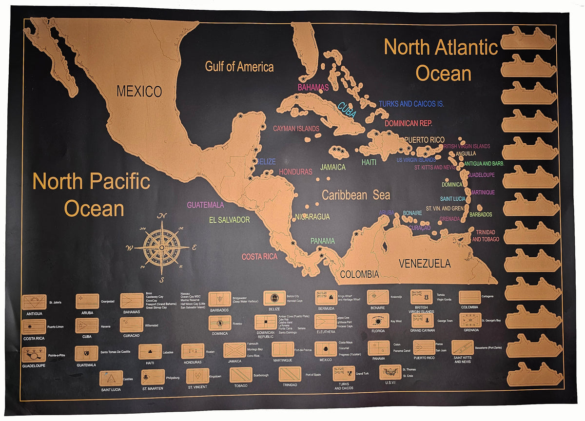 Close-up view of Caribbean Cruise Scratch Off Map showing gold foil destinations, country flags and cruise ship silhouettes