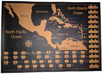 Close-up view of Caribbean Cruise Scratch Off Map showing gold foil destinations, country flags and cruise ship silhouettes