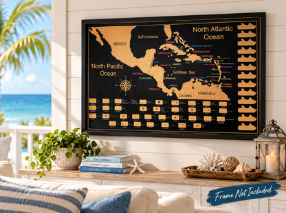 Coastal: Caribbean Cruise Scratch Map displayed in a framed coastal-style living room.