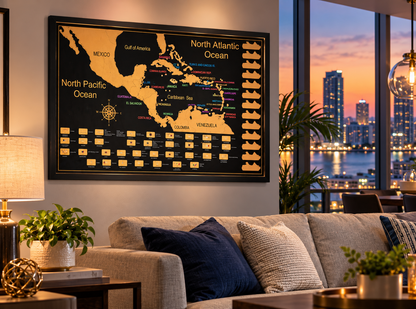 City: Caribbean Cruise Scratch Map displayed in a modern city apartment overlooking the skyline.