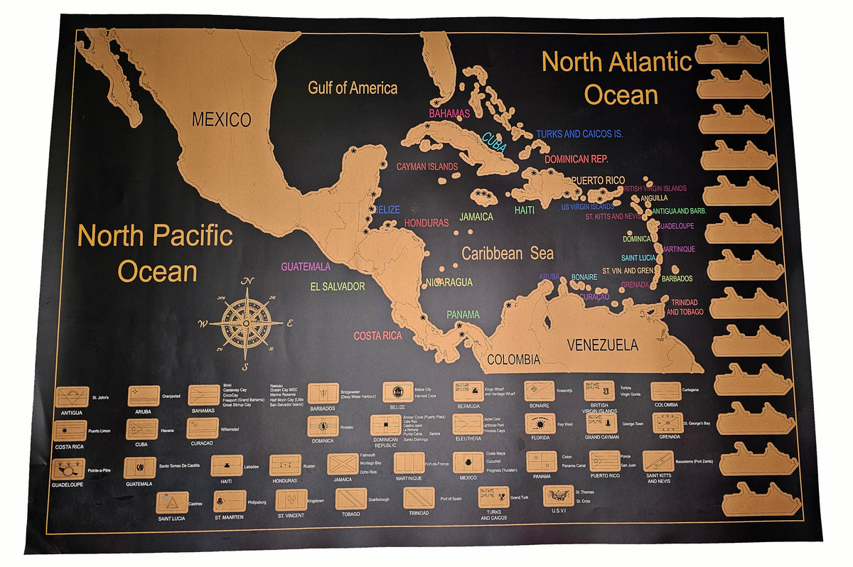 Caribbean Cruise Scratch Off Map featuring destinations, country flags and cruise ship tracking