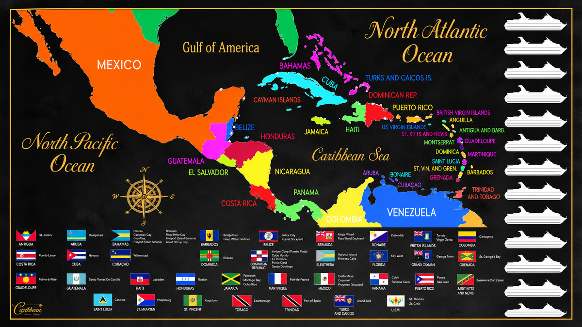Caribbean Cruise Scratch Off Map with all destinations revealed, showing colorful countries, Caribbean flags and cruise ship silhouettes